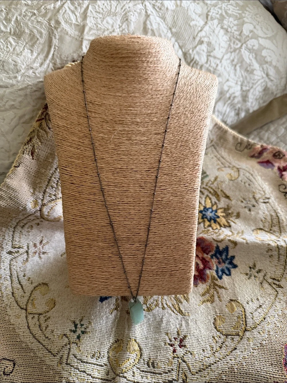 Long sterling silver darkened chain with tiny silver balls green semi precious